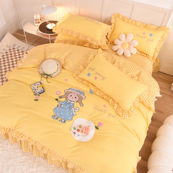 91家纺网 家纺一手货源 找家纺 梦之岛 2022新款甜心女孩韩版磨毛四件套 甜心女孩-黄