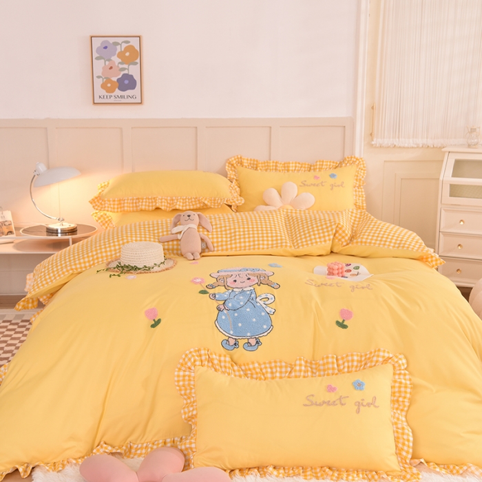 91家纺网 家纺一手货源 找家纺 梦之岛 2022新款甜心女孩韩版磨毛四件套 甜心女孩-黄