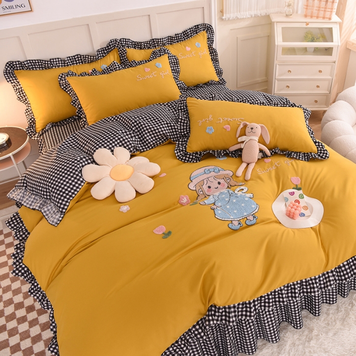 91家纺网 家纺一手货源 找家纺 梦之岛 2022新款甜心女孩韩版磨毛四件套 甜心女孩-姜黄