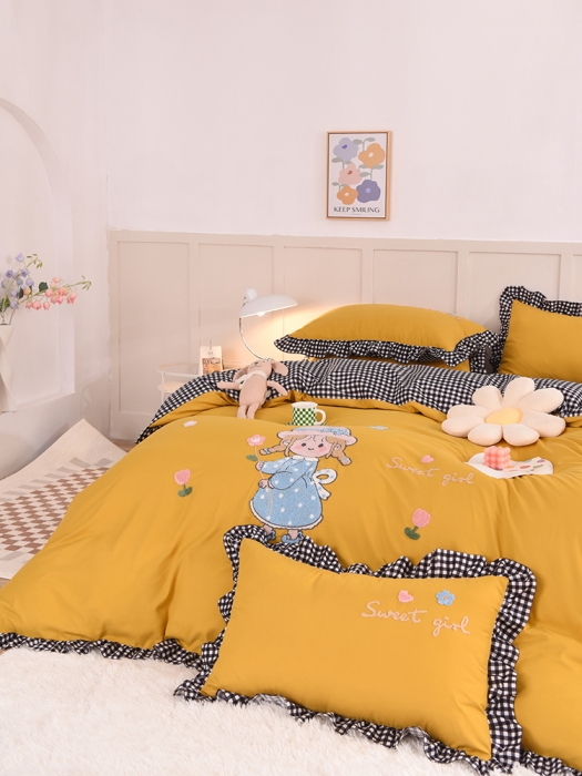 91家纺网 家纺一手货源 找家纺 梦之岛 2022新款甜心女孩韩版磨毛四件套 甜心女孩-姜黄