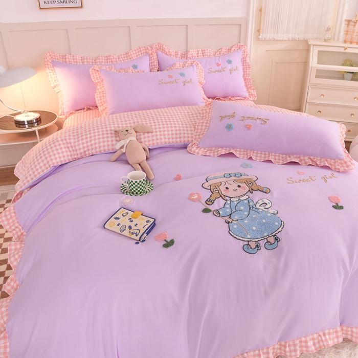 91家纺网 家纺一手货源 找家纺 梦之岛 2022新款甜心女孩韩版磨毛四件套 甜心女孩-紫