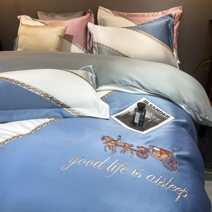 91家纺网 家纺一手货源 找家纺 宅家居2024新款轻奢拼色60支贡缎臻丝刺绣皇家骑士-宾利蓝