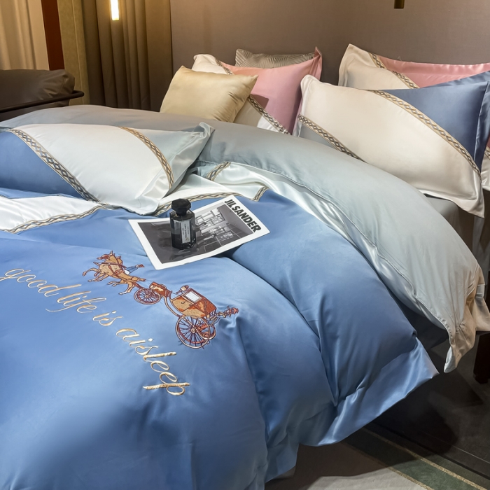 91家纺网 家纺一手货源 找家纺 宅家居2024新款轻奢拼色60支贡缎臻丝刺绣皇家骑士-宾利蓝