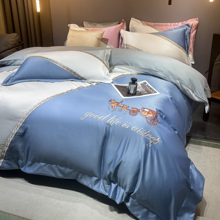 91家纺网 家纺一手货源 找家纺 宅家居2024新款轻奢拼色60支贡缎臻丝刺绣皇家骑士-宾利蓝