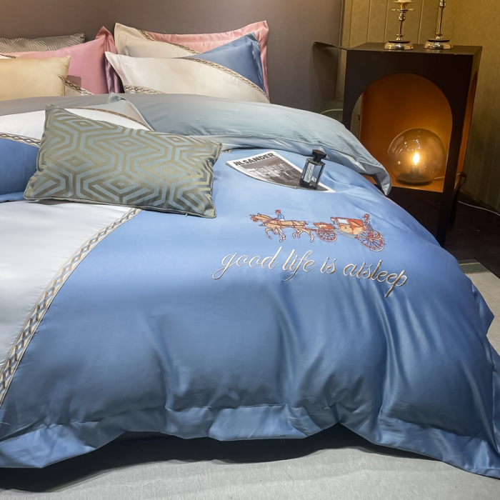 91家纺网 家纺一手货源 找家纺 宅家居2024新款轻奢拼色60支贡缎臻丝刺绣皇家骑士-宾利蓝