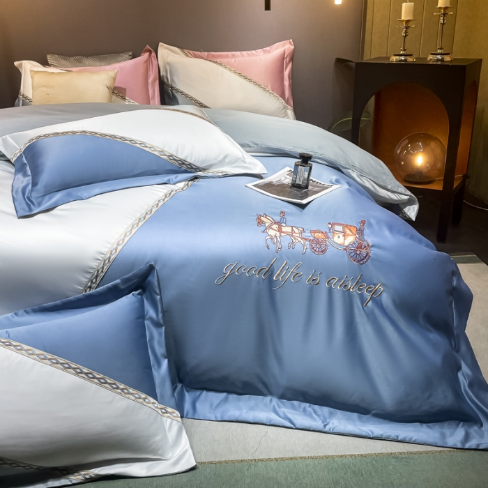 91家纺网 家纺一手货源 找家纺 宅家居2024新款轻奢拼色60支贡缎臻丝刺绣皇家骑士-宾利蓝