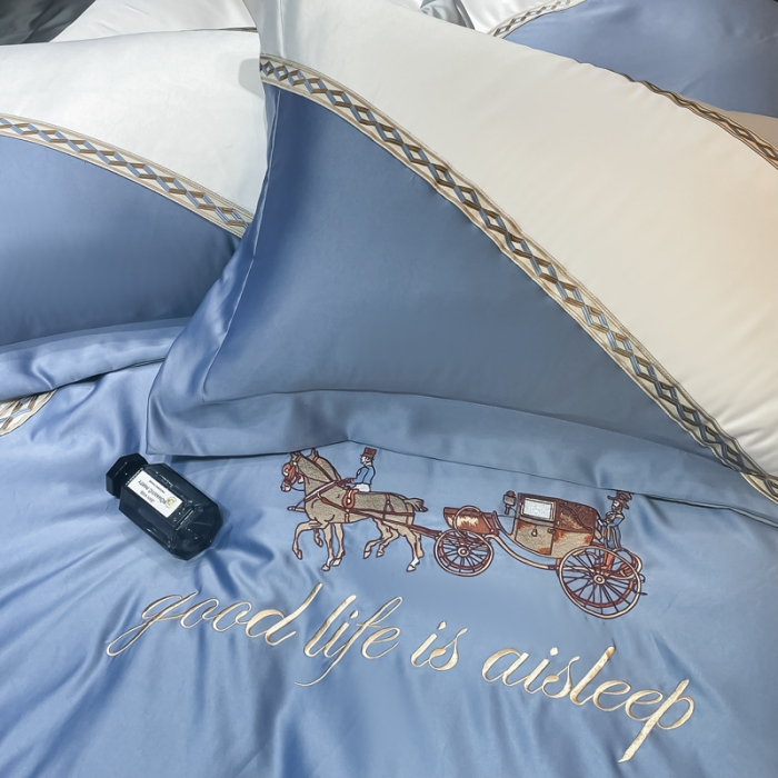 91家纺网 家纺一手货源 找家纺 宅家居2024新款轻奢拼色60支贡缎臻丝刺绣皇家骑士-宾利蓝