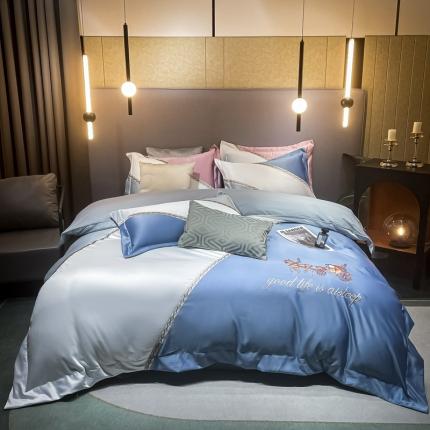 91家纺网 家纺一手货源 找家纺 宅家居2024新款轻奢拼色60支贡缎臻丝刺绣皇家骑士-宾利蓝