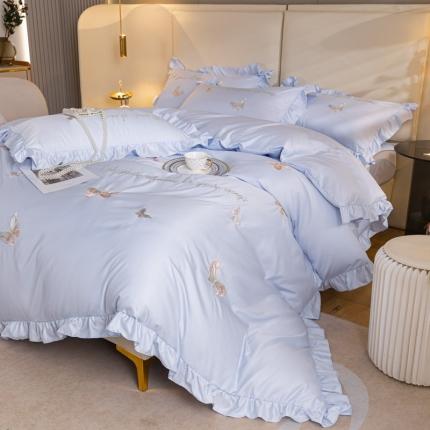 91家纺网 家纺一手货源 找家纺 理想家家纺 2022新款冰丝刺绣花边蝴蝶四件套 蓝