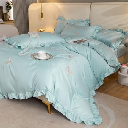 91家纺网 家纺一手货源 找家纺 理想家家纺 2022新款冰丝刺绣花边蝴蝶四件套 绿