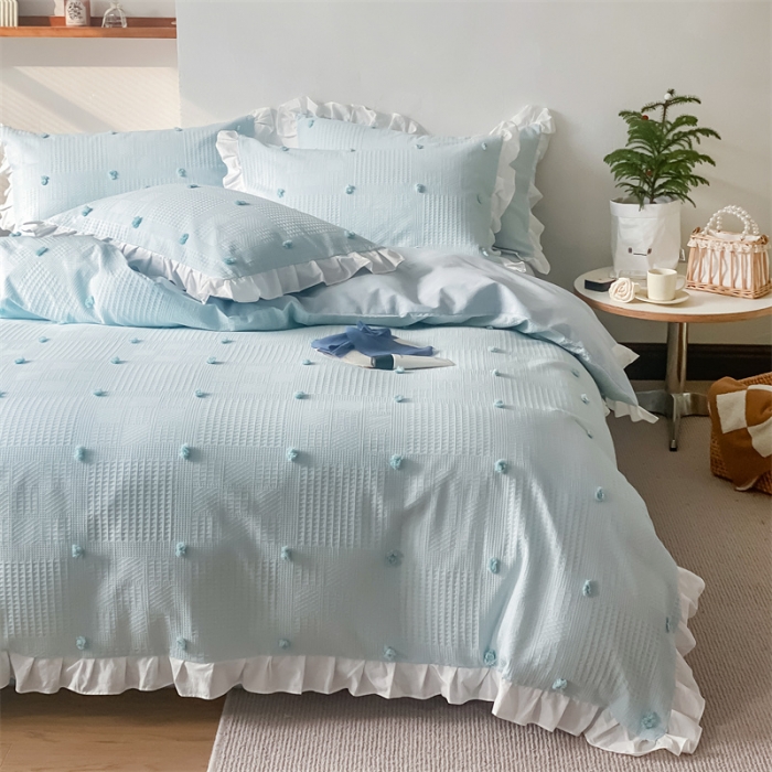 91家纺网 家纺一手货源 找家纺 柚子 2022新款水洗棉提花立体花四件套 虞美人-蓝