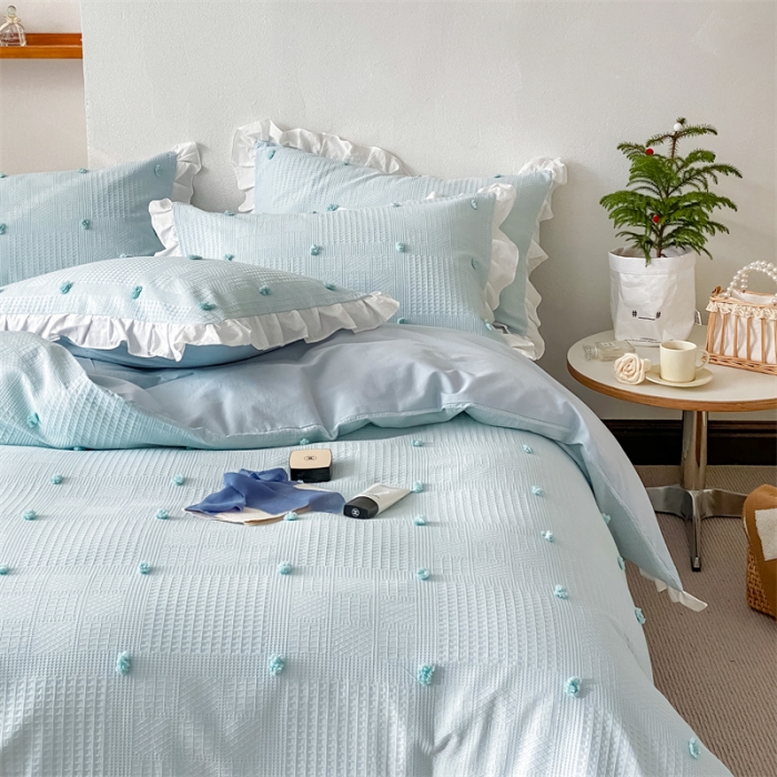 91家纺网 家纺一手货源 找家纺 柚子 2022新款水洗棉提花立体花四件套 虞美人-蓝