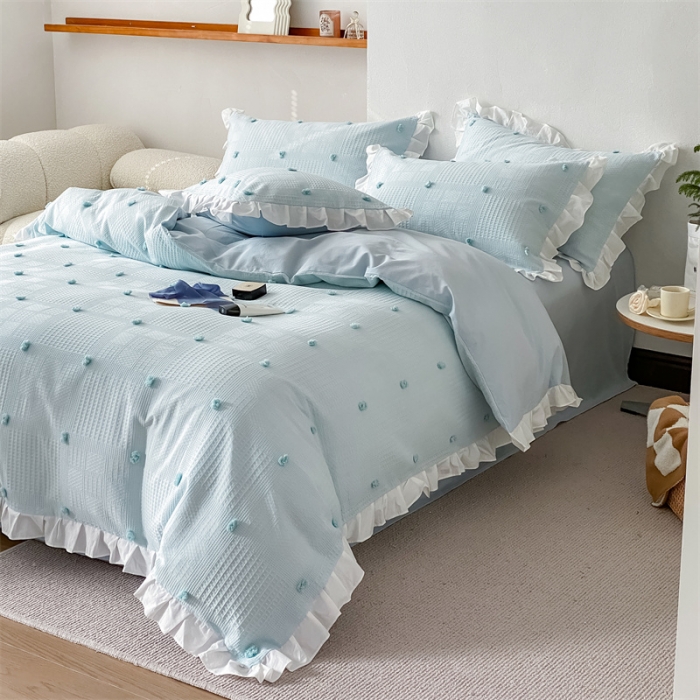 91家纺网 家纺一手货源 找家纺 柚子 2022新款水洗棉提花立体花四件套 虞美人-蓝