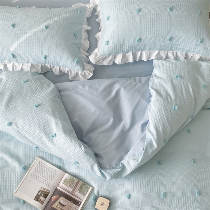 91家纺网 家纺一手货源 找家纺 柚子 2022新款水洗棉提花立体花四件套 虞美人-蓝