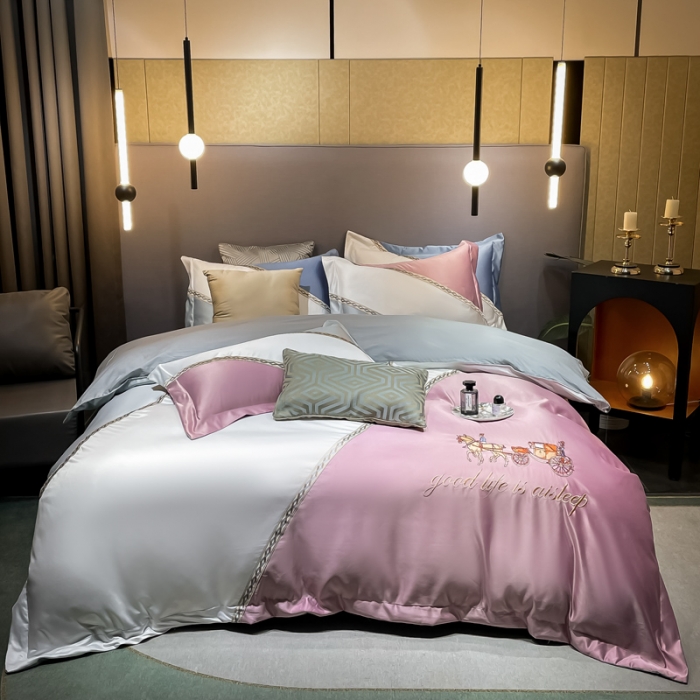 91家纺网 家纺一手货源 找家纺 宅家居2024新款轻奢拼色60支贡缎臻丝刺绣皇家骑士-豆沙