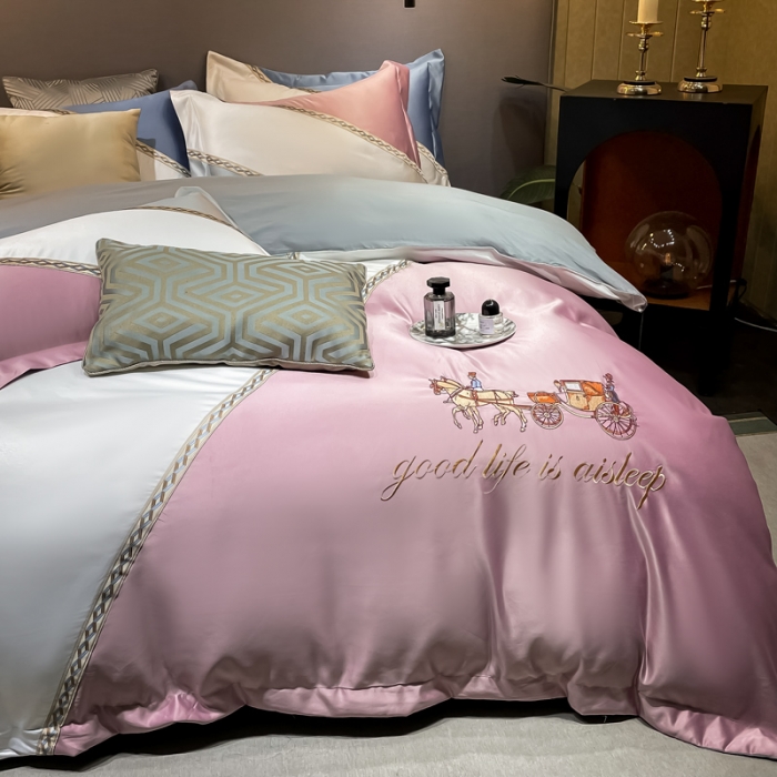 91家纺网 家纺一手货源 找家纺 宅家居2024新款轻奢拼色60支贡缎臻丝刺绣皇家骑士-豆沙