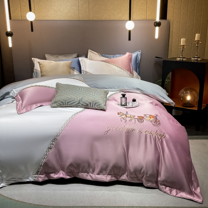 91家纺网 家纺一手货源 找家纺 宅家居2024新款轻奢拼色60支贡缎臻丝刺绣皇家骑士-豆沙