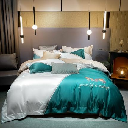 91家纺网 家纺一手货源 找家纺 宅家居2024新款轻奢拼色60支贡缎臻丝刺绣皇家骑士-墨绿