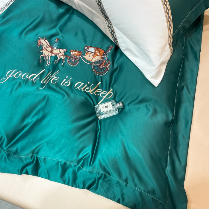 91家纺网 家纺一手货源 找家纺 宅家居2024新款轻奢拼色60支贡缎臻丝刺绣皇家骑士-墨绿