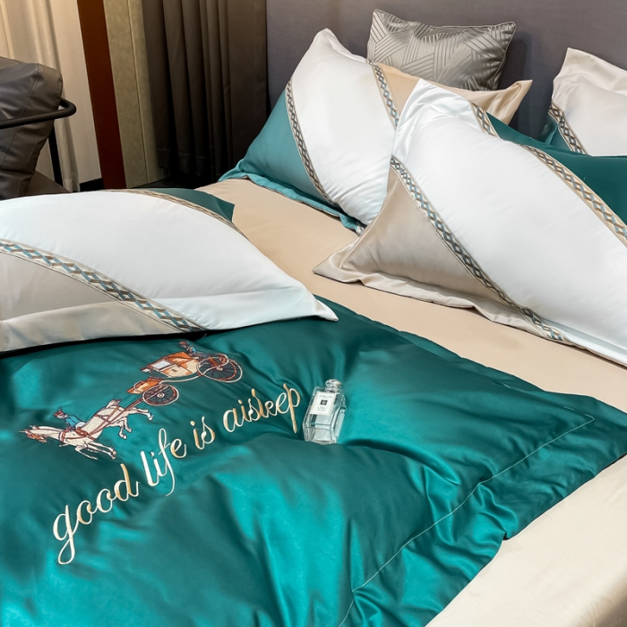 91家纺网 家纺一手货源 找家纺 宅家居2024新款轻奢拼色60支贡缎臻丝刺绣皇家骑士-墨绿