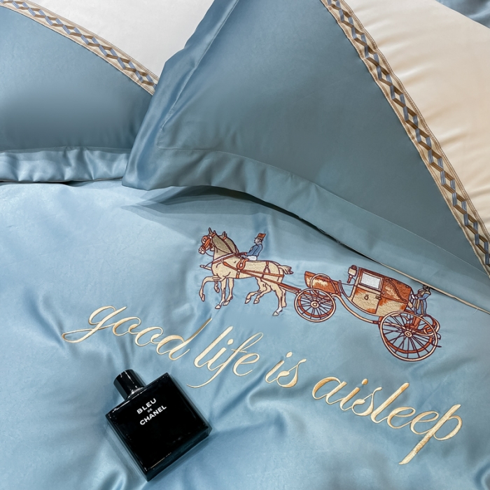 91家纺网 家纺一手货源 找家纺 宅家居2024新款轻奢拼色60支贡缎臻丝刺绣皇家骑士-青绿