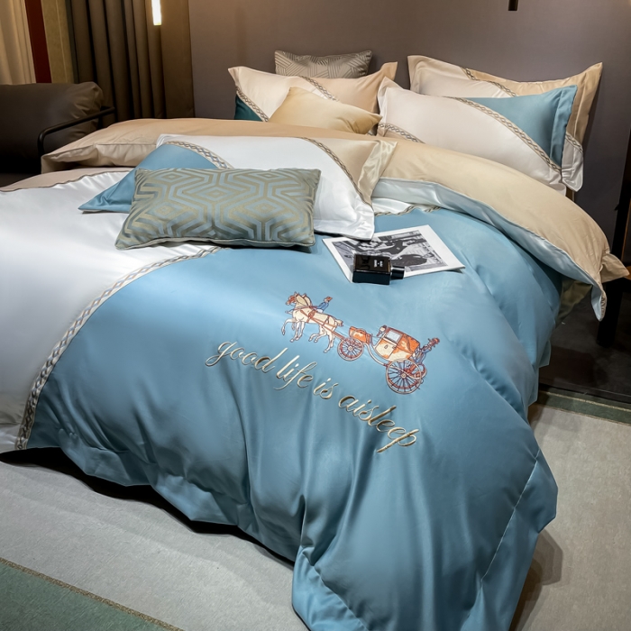 91家纺网 家纺一手货源 找家纺 宅家居2024新款轻奢拼色60支贡缎臻丝刺绣皇家骑士-青绿