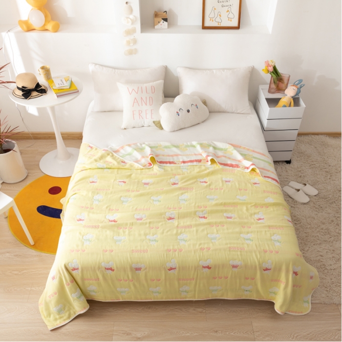 91家纺网 家纺一手货源 找家纺 朴尔 2022新品卡通系全棉六层纱毛巾被 开心鼠-黄