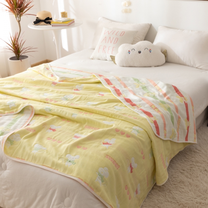 91家纺网 家纺一手货源 找家纺 朴尔 2022新品卡通系全棉六层纱毛巾被 开心鼠-黄