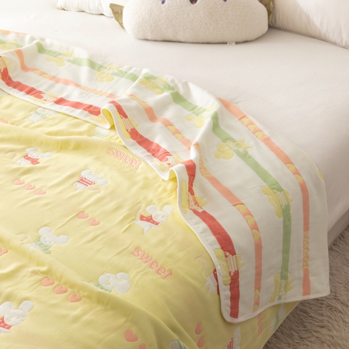 91家纺网 家纺一手货源 找家纺 朴尔 2022新品卡通系全棉六层纱毛巾被 开心鼠-黄