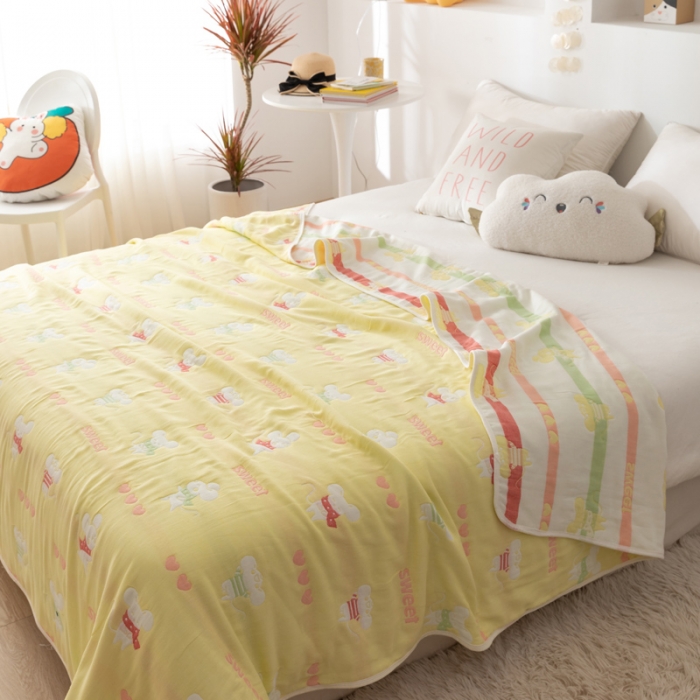 91家纺网 家纺一手货源 找家纺 朴尔 2022新品卡通系全棉六层纱毛巾被 开心鼠-黄