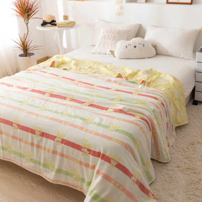 91家纺网 家纺一手货源 找家纺 朴尔 2022新品卡通系全棉六层纱毛巾被 开心鼠-黄