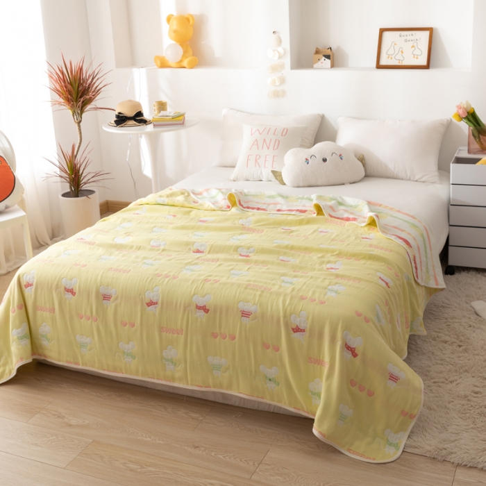 91家纺网 家纺一手货源 找家纺 朴尔 2022新品卡通系全棉六层纱毛巾被 开心鼠-黄