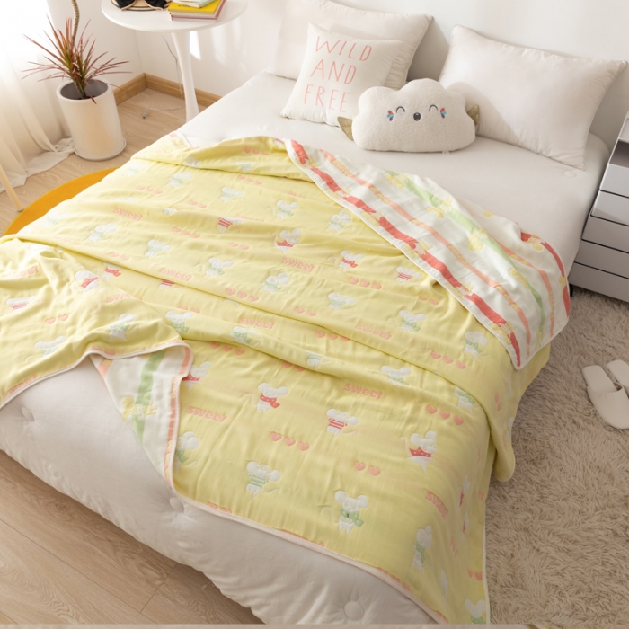 91家纺网 家纺一手货源 找家纺 朴尔 2022新品卡通系全棉六层纱毛巾被 开心鼠-黄