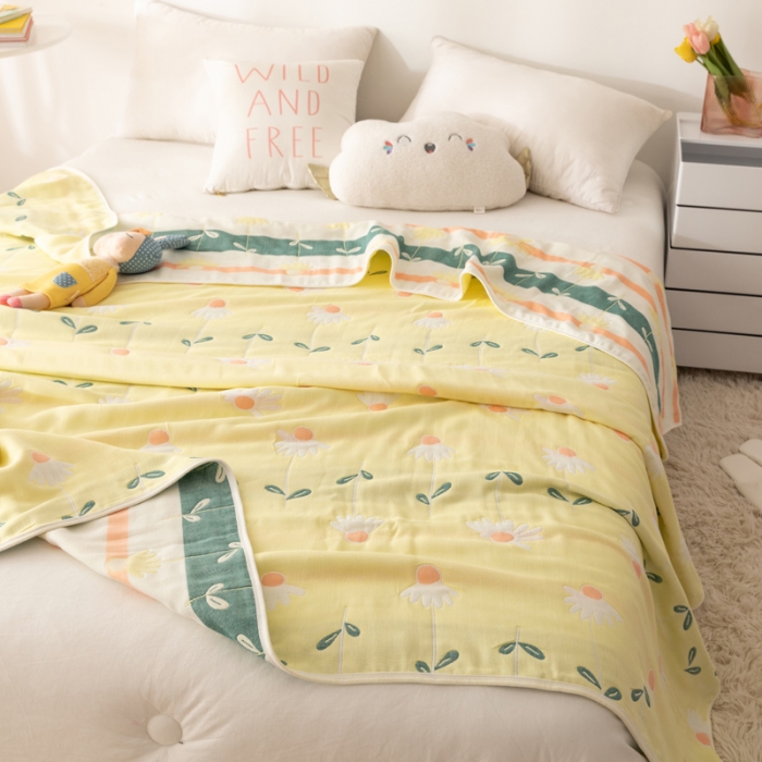 91家纺网 家纺一手货源 找家纺 朴尔 2022新品卡通系全棉六层纱毛巾被 一米阳光-黄