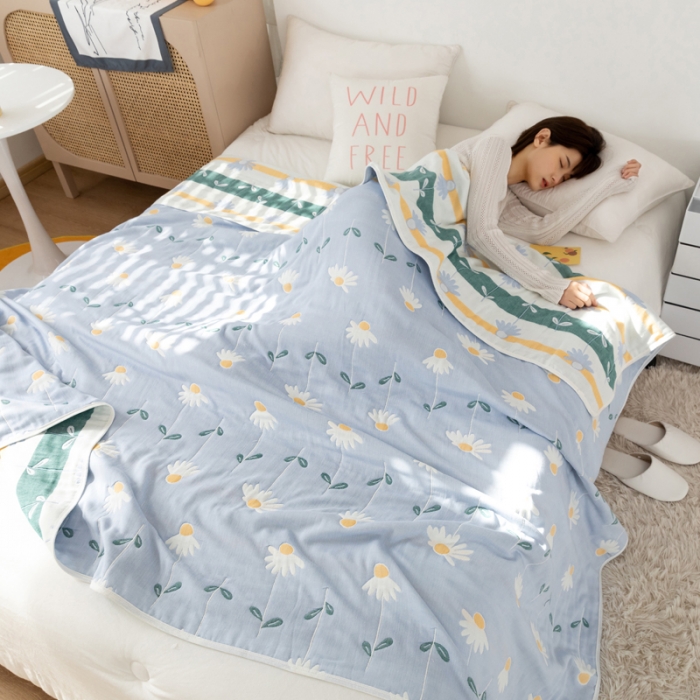 91家纺网 家纺一手货源 找家纺 朴尔 2022新品卡通系全棉六层纱毛巾被 一米阳光-蓝