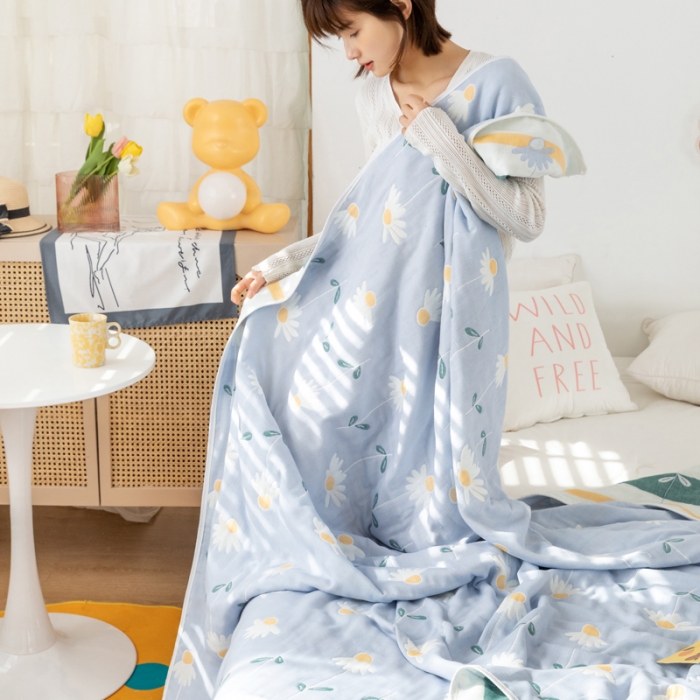 91家纺网 家纺一手货源 找家纺 朴尔 2022新品卡通系全棉六层纱毛巾被 一米阳光-蓝