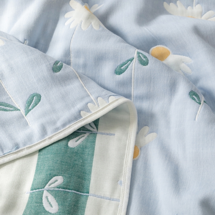 91家纺网 家纺一手货源 找家纺 朴尔 2022新品卡通系全棉六层纱毛巾被 一米阳光-蓝