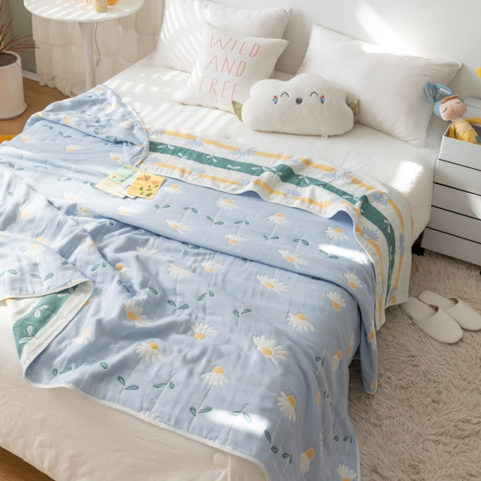 91家纺网 家纺一手货源 找家纺 朴尔 2022新品卡通系全棉六层纱毛巾被 一米阳光-蓝