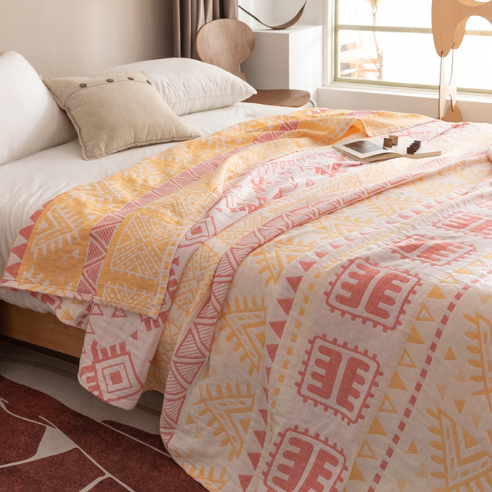 91家纺网 家纺一手货源 找家纺 朴尔2022新品塞尚风格全棉水洗棉三层纱布毛巾被 西雅图-粉