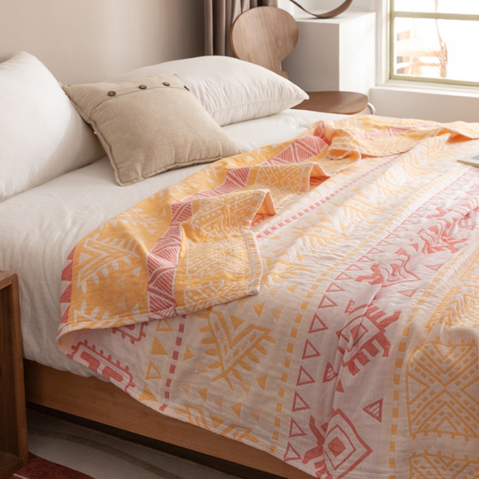 91家纺网 家纺一手货源 找家纺 朴尔2022新品塞尚风格全棉水洗棉三层纱布毛巾被 西雅图-粉