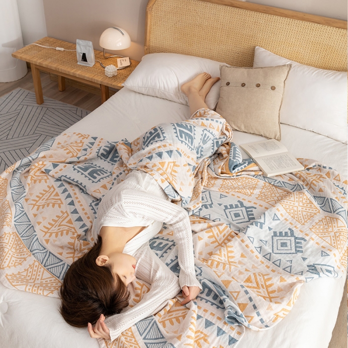 91家纺网 家纺一手货源 找家纺 朴尔2022新品塞尚风格全棉水洗棉三层纱布毛巾被 西雅图-兰