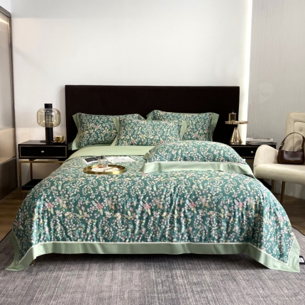 91家纺网 家纺一手货源 找家纺 2022新款60支雅棉夏被+夏被四件套 古案（绿）