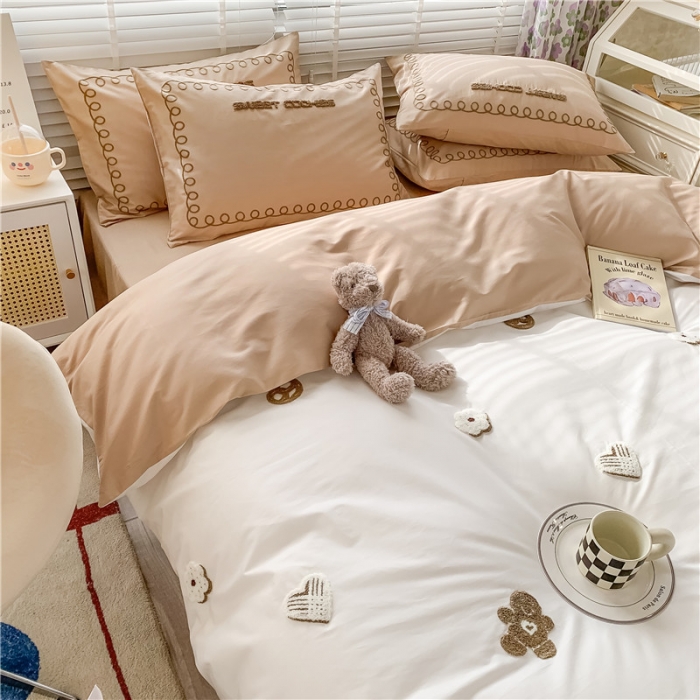 91家纺网 家纺一手货源 找家纺 蜜柚 2024款全棉曲奇毛巾绣系列四件套 曲奇饼干-卡其