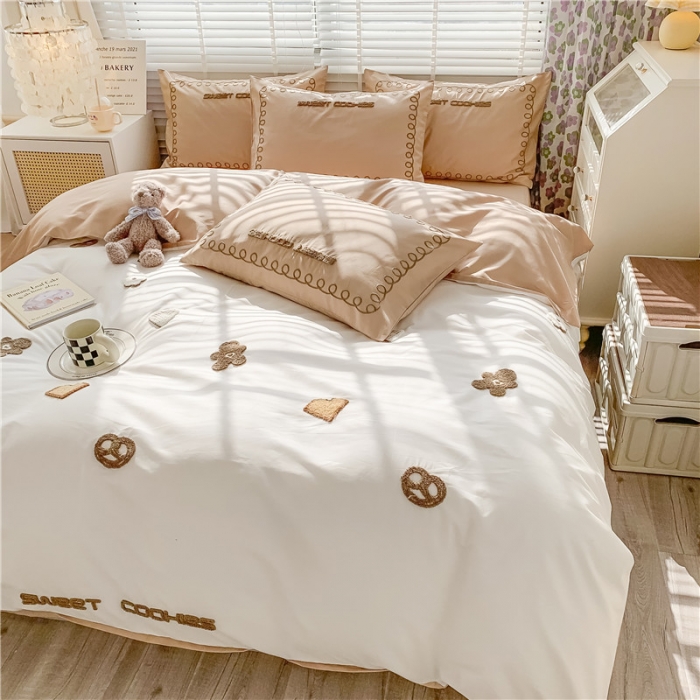 91家纺网 家纺一手货源 找家纺 蜜柚 2024款全棉曲奇毛巾绣系列四件套 曲奇饼干-卡其