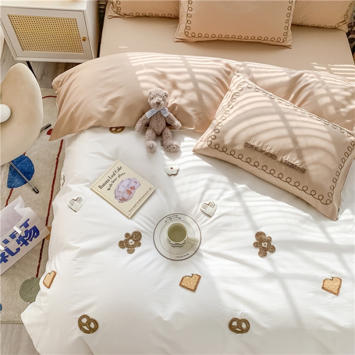 91家纺网 家纺一手货源 找家纺 蜜柚 2024款全棉曲奇毛巾绣系列四件套 曲奇饼干-卡其