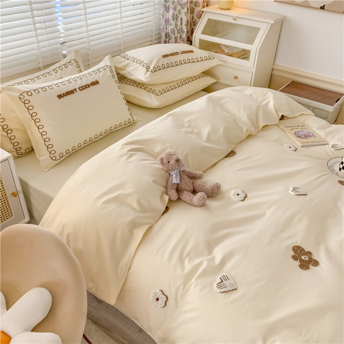 91家纺网 家纺一手货源 找家纺 蜜柚 2024款全棉曲奇毛巾绣系列四件套 曲奇饼干-奶油白