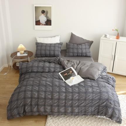 91家纺网 家纺一手货源 找家纺 仟网汇 2022新款休闲款泡泡纱四件套 深灰