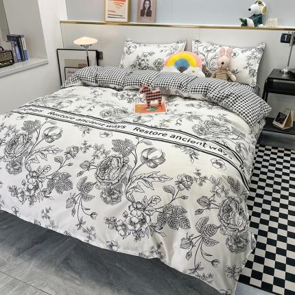 宏源家纺 2022新款亲肤棉印花四件套 黑茶