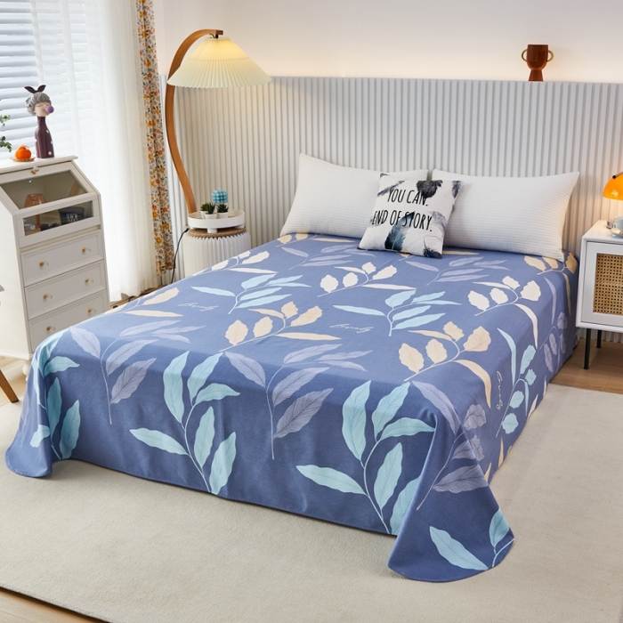 91家纺网 家纺一手货源 找家纺 杜先生 2023新款全棉加厚喷气活性磨毛圆角床单 叶叶相随-蓝