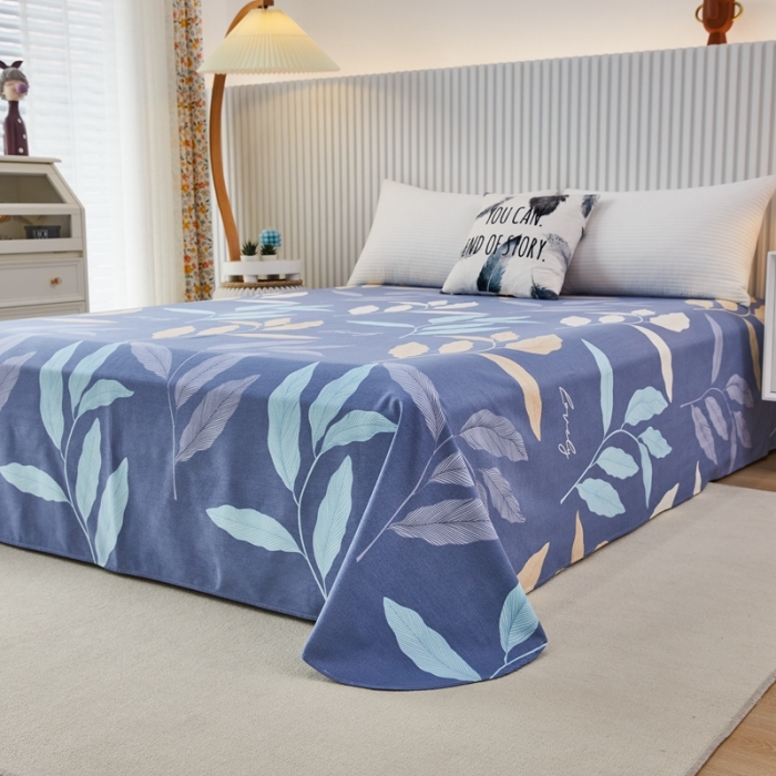 91家纺网 家纺一手货源 找家纺 杜先生 2023新款全棉加厚喷气活性磨毛圆角床单 叶叶相随-蓝